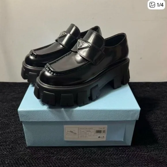 Prada Black Chunky Leather Platform Loafers - Picture 1 of 4